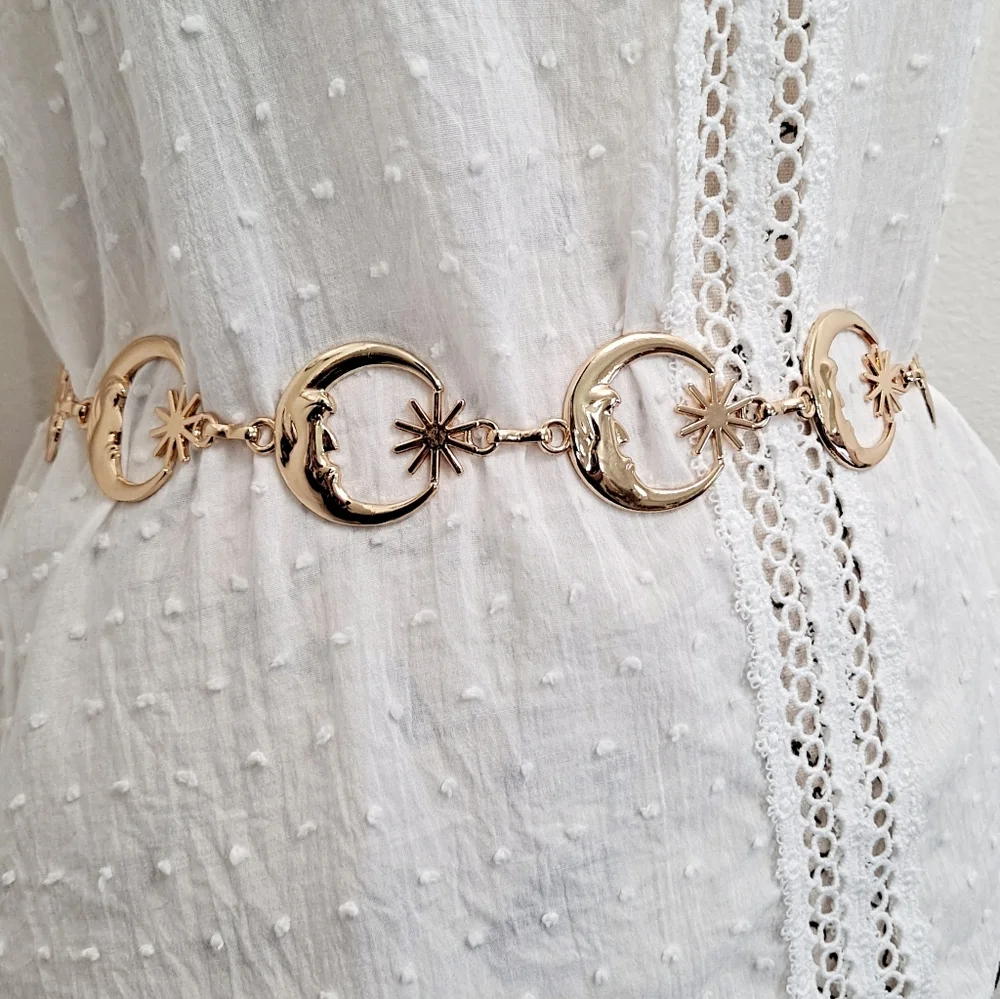 Womens Boho Gold metallic Moon Star whimsigoth celestial waist chain disco belt - Picture 8 of 9